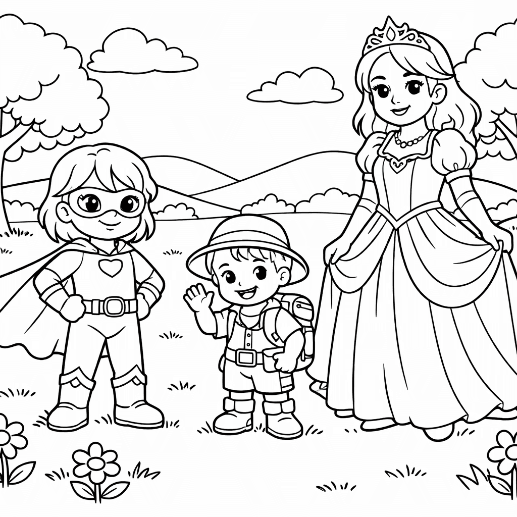 A superhero sister and adventurer brother with their princess mum at the park