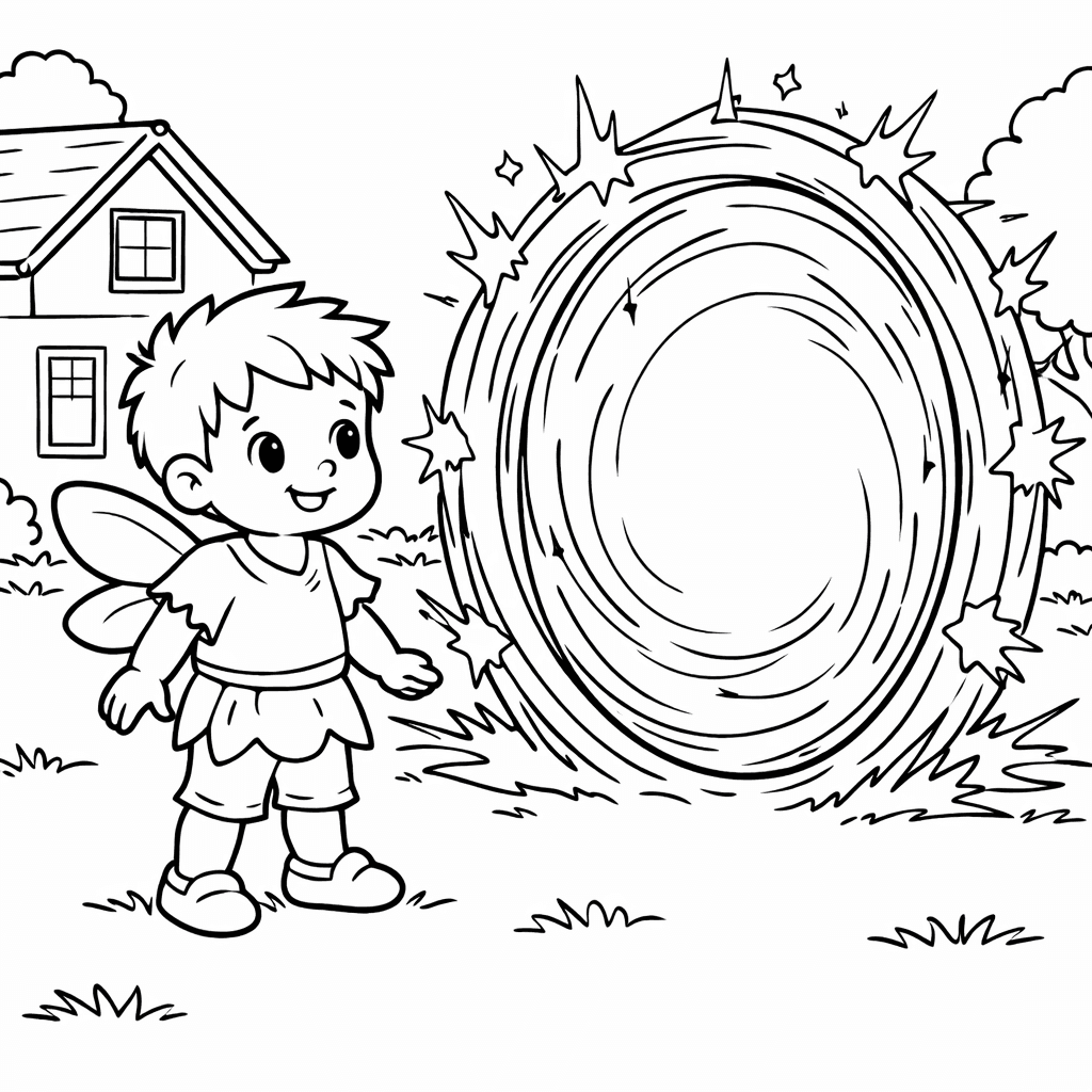 A young boy as a fairy stepping through a magical portal in the backyard