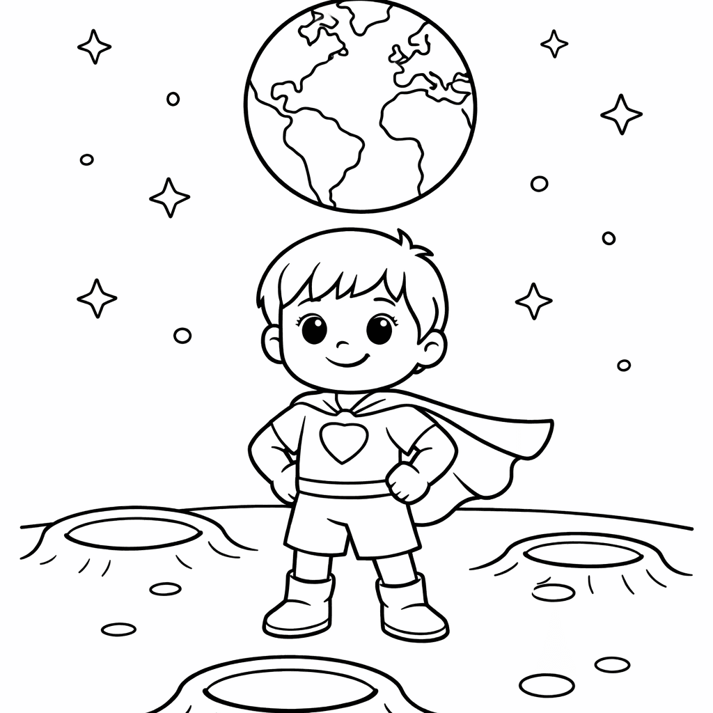 A young boy as a superhero on the moon