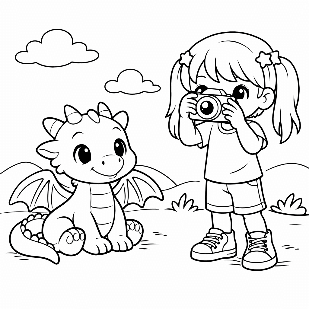 A young girl photographer meeting a dragon